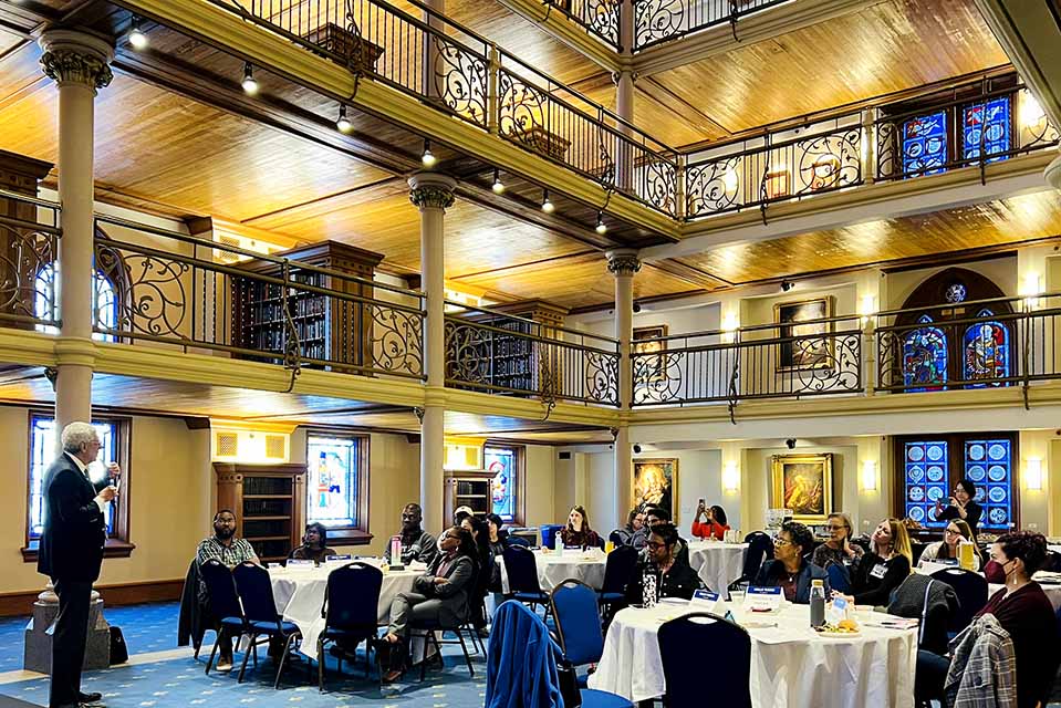 SLU President Fred P. Pestello, Ph.D., shares his insight into the inner workings of the University at a Early Career Faculty Mentoring Program event. Photo submitted.