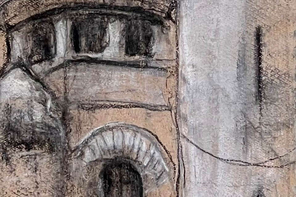 Dani Fachin, Water Tower, graphite, charcoal, and chalk on wine bottle paper, 2023
