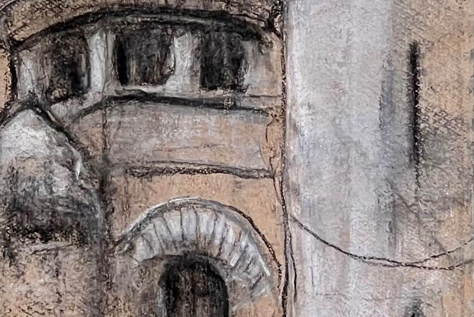 Credit: Dani Fachin, Water Tower, graphite, charcoal, and chalk on wine bottle paper, 2023