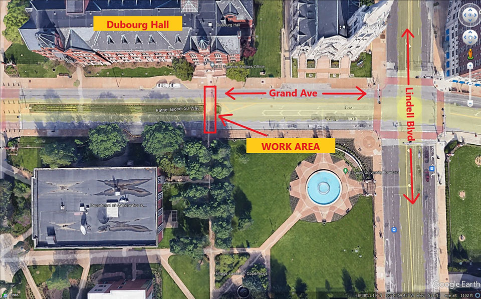 The crosswalk running across Grand Ave closest to the north side of Ritter Hall and the entrance to the lower level of DuBourg Hall on the eastern side closest to Lindell Ave will be closed for repairs. 