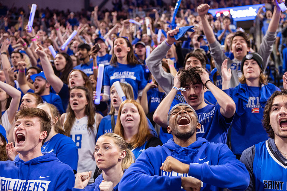 Students cheer on the Billikens during the Blue Out game on March 3, 2023. SLU beat Dayton 65-61. Photo by Sarah Conroy. 
