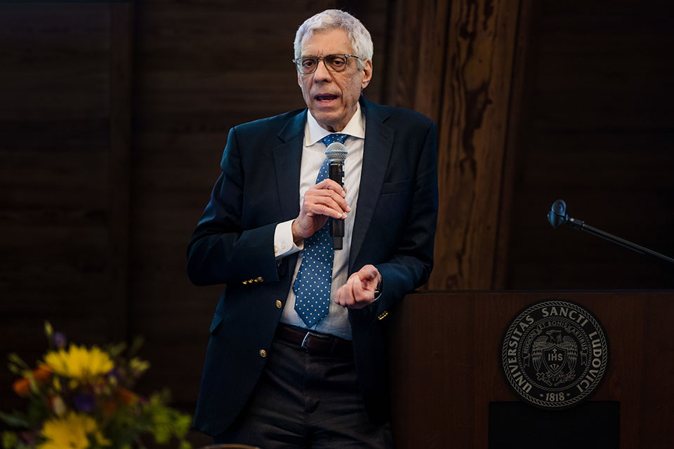 President Fred P. Pestello, Ph.D., speaks during the Celebration of the University Core on Wednesday, March 29. Photo by Sarah Conroy. 