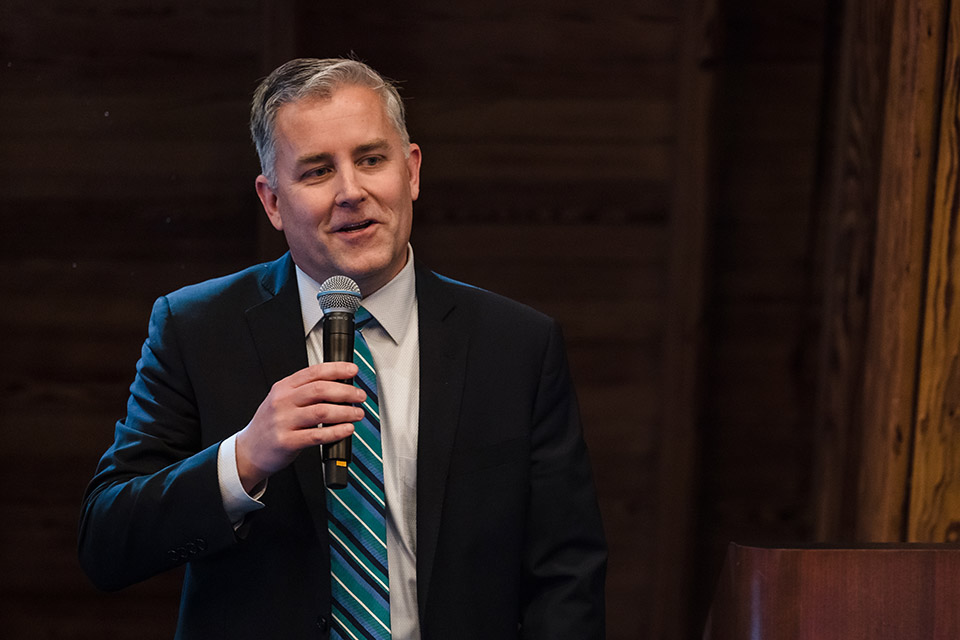 Provost Mike Lewis, Ph.D., addressed the crowd at the 2023 Grantwinner Reception on Friday, April 14, in the Sinquefield Stateroom. Lewis said he was constantly impressed by all the great work being done by members of the SLU community. Photo by Sarah Conroy.