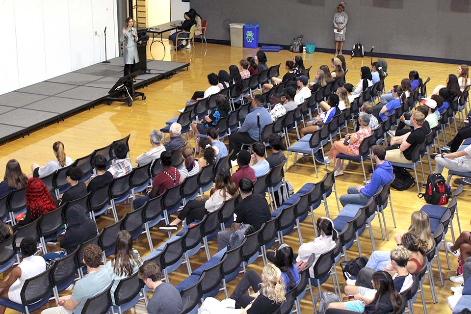 Roya Hakakian delivered the Atlas Week keynote address at the Center for Global Citizenship on Thursday, April 20. Photo by Joe Barker.