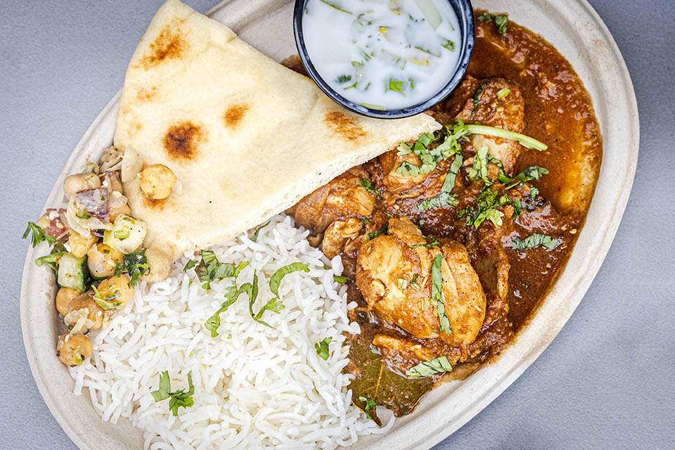 The chicken curry and naan bread from Spice Market, the new student-inspired Indian restaurant in Fusz Hall.