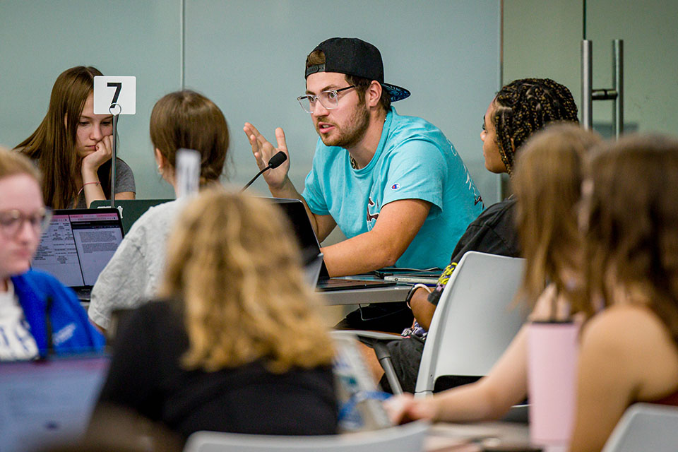 Students work together in an interprofessional education class on October 2, 2023. Photo by Sarah Conroy. 