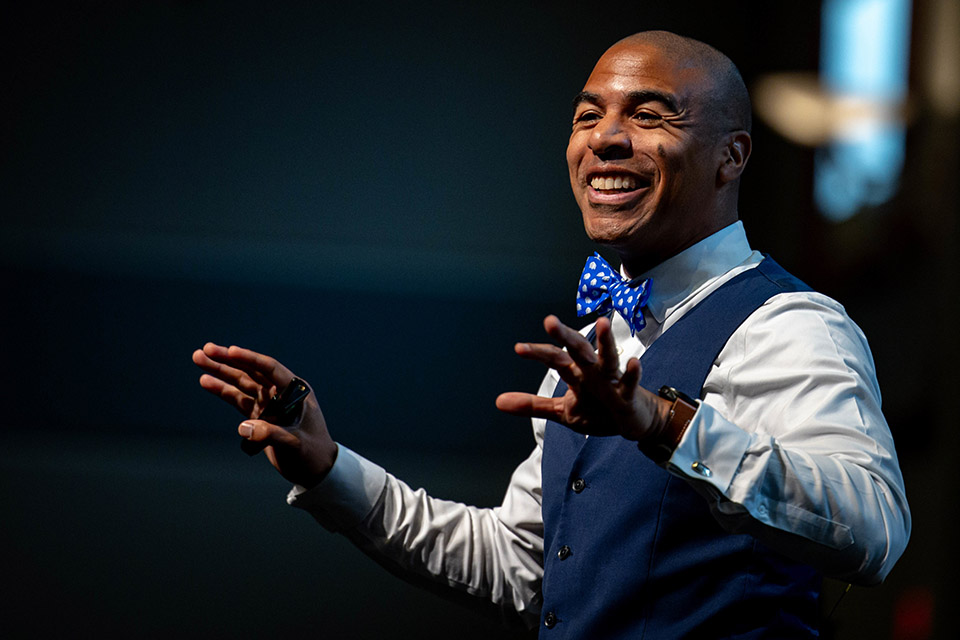 Eric M. Bailey delivered the keynote presentation “I Think Therefore I Err: Using Brain Science to Effect Change, Human Connection, and Happiness” during the Cannonball Conference on Thursday, Oct. 26. Photo by Sarah Conroy.