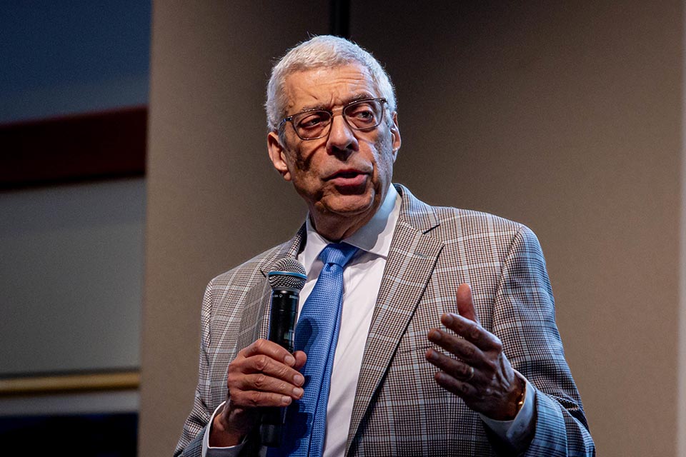 President Fred P. Pestello, Ph.D., addresses the staff during the Cannonball Conference on Thursday, Oct. 26. Photo by Sarah Conroy.
