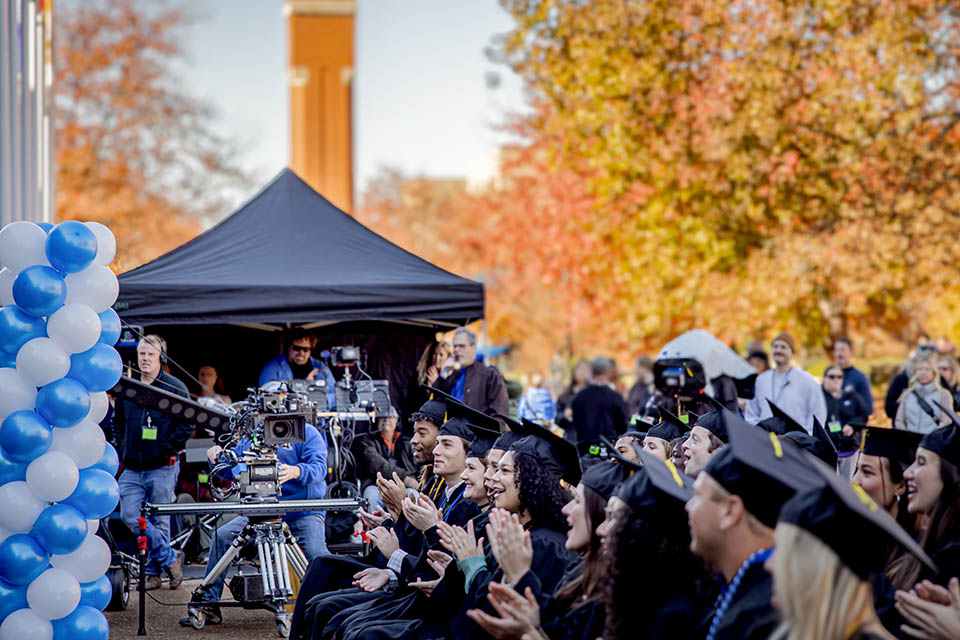 The commencement scene of “On Fire,” a movie based on alum John O’Leary’s life, in filmed outside of the CGC on November 10, 2023.