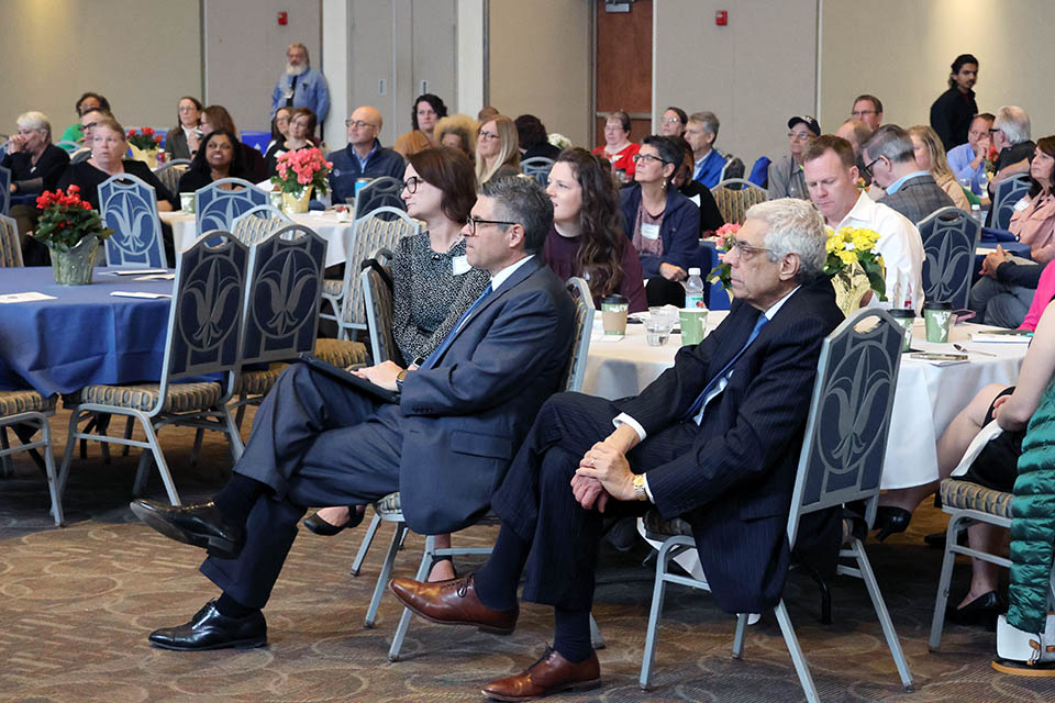 Attendees at the annual Presidential Service Award breakfast listen to Assistant Vice President of Marketing and Communications Laura Geiser share her experiences from her 30 years at SLU at a breakfast event on Thursday, Nov. 16. Photo by Joe Barker.