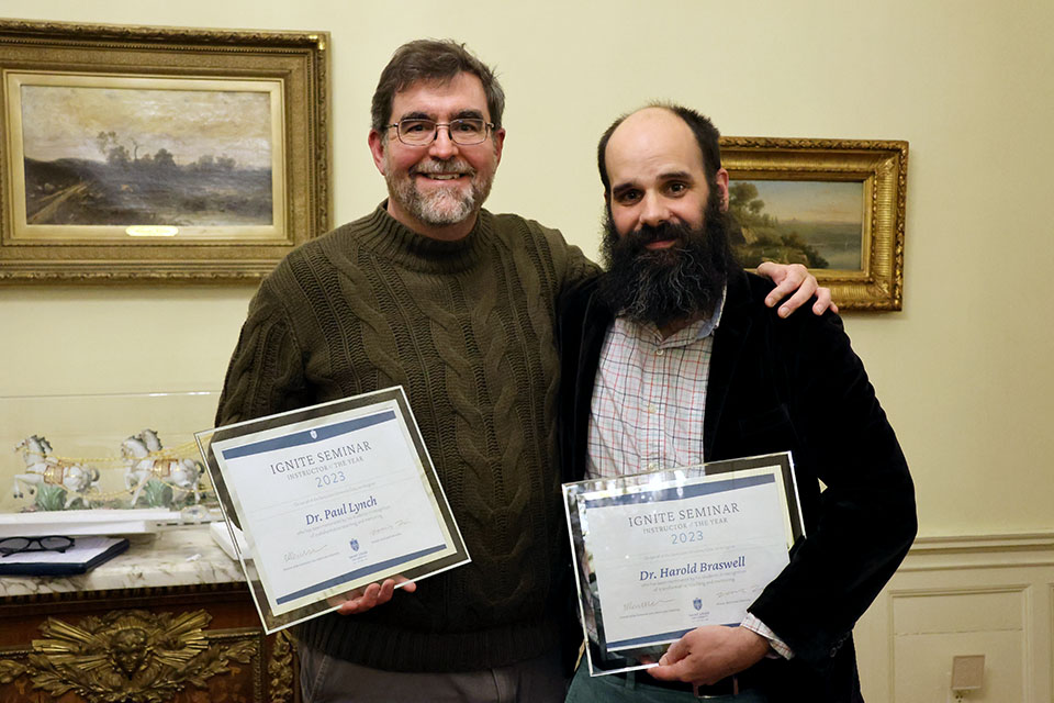 Paul Lynch, Ph.D., left, and Harold Braswell, right, are the inaugural winners of the University Core’s 2023 Ignite Instructor of the Year Award. Photo by Joe Barker. 