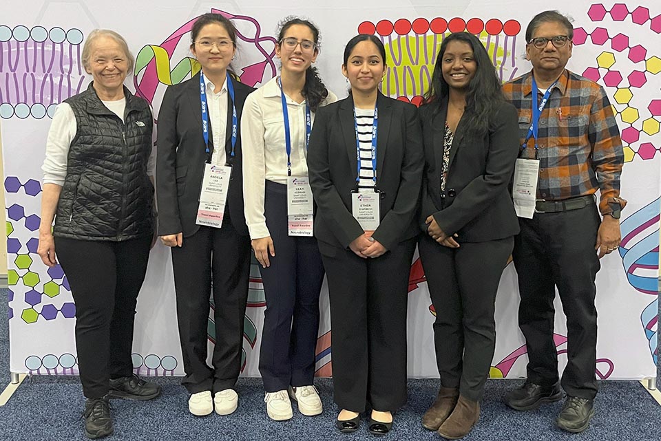 Undergraduate Student Research Presenters and Participating Faculty at the 2024 Discover BMB Conference, the ASBMB National Meeting, pose for a picture. From left are Rita Heuertz, Ph.D., Suhjin Lee, Leah Keswani, Ether Dharmesh, Vaishnavi Srirama, and Uthayashanker Ezekiel, Ph.D.