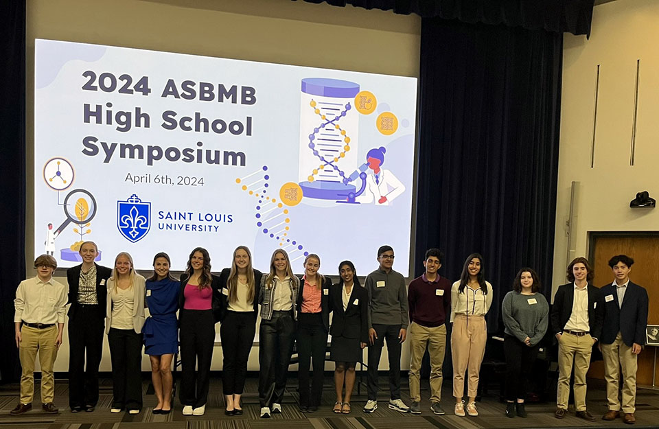 From left are Layton Pfeuffer (Saint Louis University High School), Sophie Burgoon (Visitation Academy), Lauren Cleary (Visitation Academy), Mary Stein (Visitation Academy), Allison Kowalczyk (Visitation Academy), Hannah Houseworth (Visitation Academy), Josephine Janisch (Visitation Academy), Lillian Carlin (Visitation Academy), Amisha Poojari (MICDS), Abhinav Katyal (MICDS), Arjun Puri (MICDS), Sanjana Gandhi (MICDS), Emma Carcamo (Marquette High School), Charlie Dougherty (Saint Louis University High School), and Vincent Ly (Saint Louis University High School). Submitted photo. 

