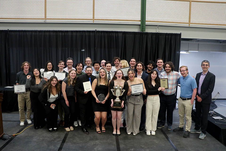 ASCE-SLU celebrates all their achievements at the ASCE Mid-America Student Symposium in Rolla. The team was recognized as the best team in the overall competition and earned the First Place Overall title. Photo submitted.