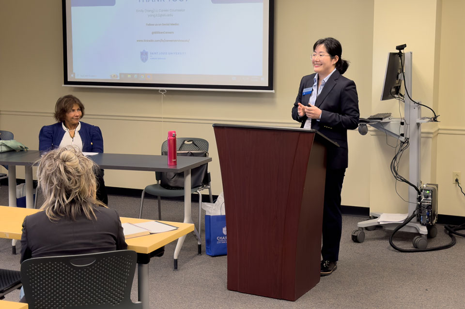 Emily Li with Saint Louis University Career Services speaks during a session at the Trends in Recruiting 2024 conference. Photo by Noah Jones.