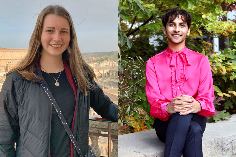 Side-by-side image of photos of two students. One standing with a city in the background, and the other sitting on a wall with trees in the background.