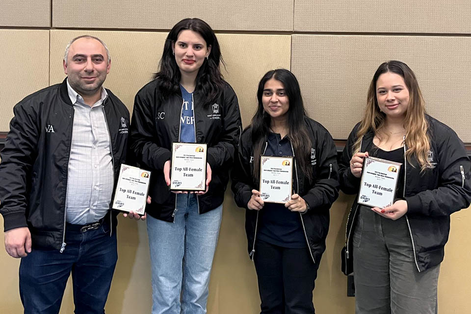 The Billikens B team finished 17th overall out of 40 teams and were recognized as the Top All-Female Team at the 2024 Pan-American Intercollegiate Team Chess Championship. From left are Head Coach Varuzhan Akobian, Sila Caglar, Dhyana Patel and Thalia Cervantes. Not pictured is Gabriela Antova. Photo submitted.