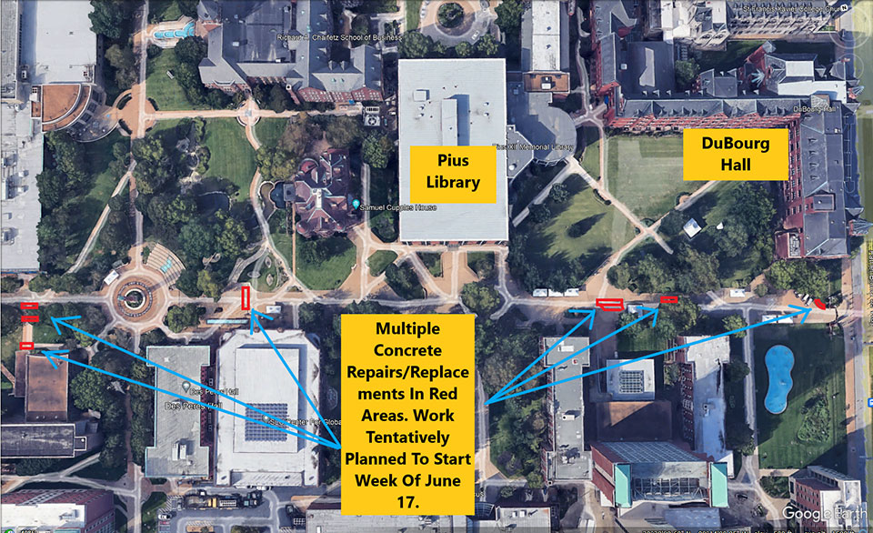 An aerial of SLU's campus highlighting portions of West Pine Mall that will be replaced. 