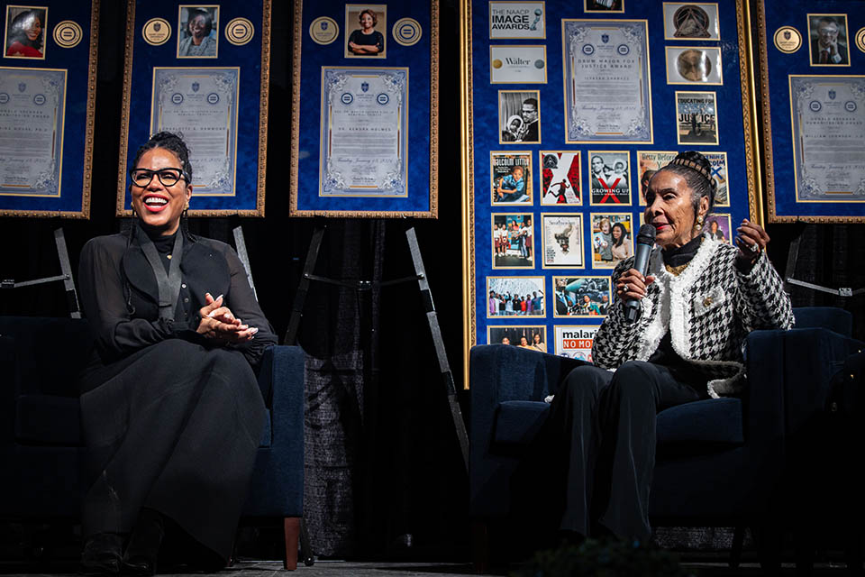 Ilyasah Shabazz, left, and Xernona Clayton participate in a fireside chat during the Martin Luther King Jr. Memorial Tribute on Thursday, Jan. 18. Photo by Sarah Conroy.


