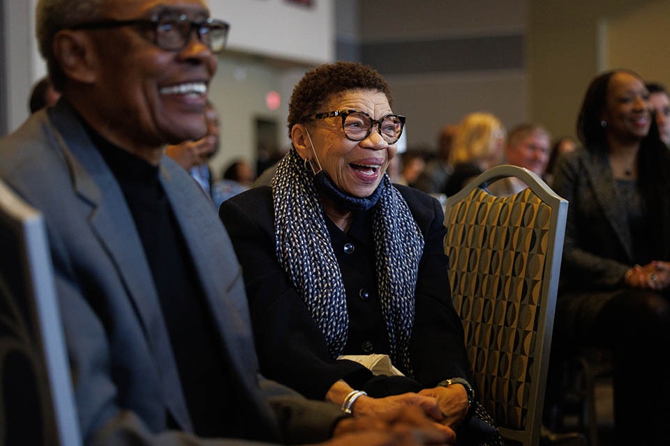 Members of the crowd laugh during the Martin Luther King Jr. Memorial Tribute on Thursday, Jan. 18. Photo by Sarah Conroy. 
