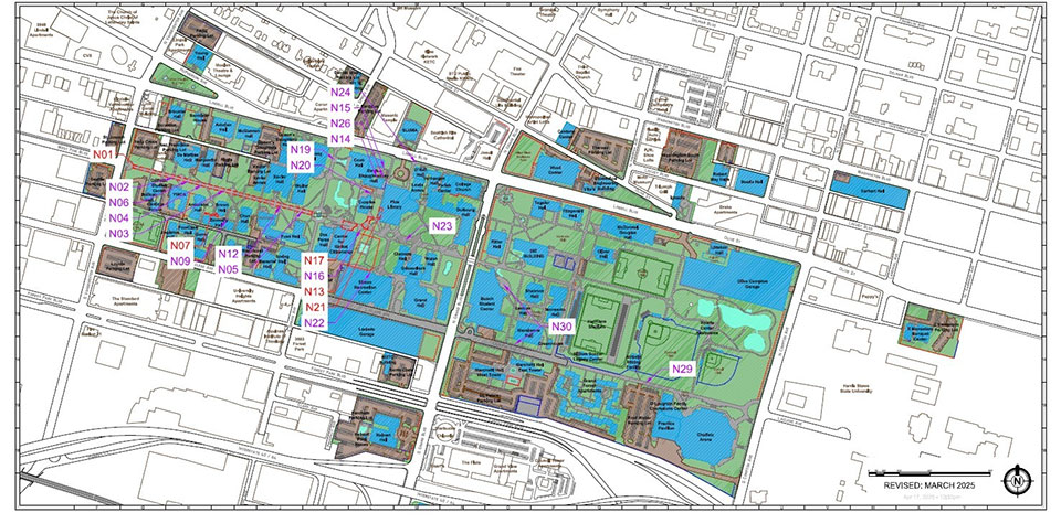 A campus map showing the areas that will be repaired. 