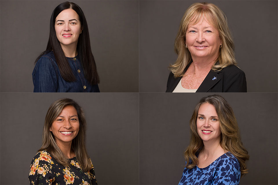 Four nursing educators in Saint Louis University’s Trudy Busch Valentine School of Nursing have been honored with a St. Louis Magazine’s 2025 Excellence in Nursing Award. Clockwise, from upper left, are Michelle Papachrisanthou, DNP; Geralyn Ochs, Kristin Keller, Ph.D.; and Diana Llamas. Photos by Sarah Conroy. 