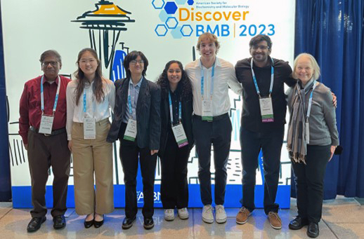 Undergraduate student research presenters and participating Faculty at the 2023 Discover BMB Conference, the ASBMB National Meeting. From left are Uthayashanker Ezekiel, Ph.D. (ASBMB Faculty Advisor), Suhjin Lee, Maria Mai, Ether Dharmesh, Matthew Dovalovsky, Nilan Patel, and Rita Heuertz, Ph.D. (Principal Investigator of the DeNardo grant). Photo submitted.