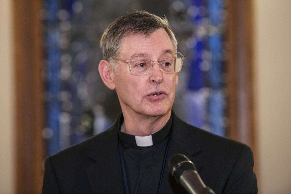 A photo of Brian G. Paulson, S.J., president of the Jesuit Conference of Canada and the United States, speaking during a special AJCU leadership forum at SLU. 