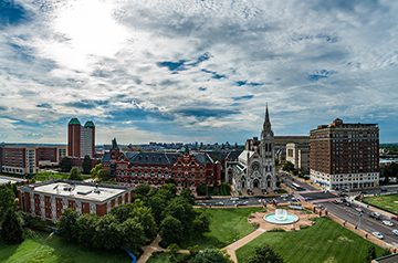 Aerial view of SLU's campus. 