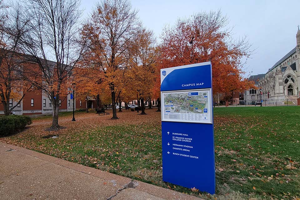 A new campus map kiosk on the SLU campus. Photo by Joe Barker.