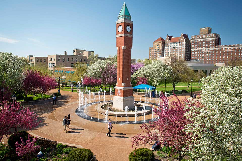 The SLU Clocktower in the spring.