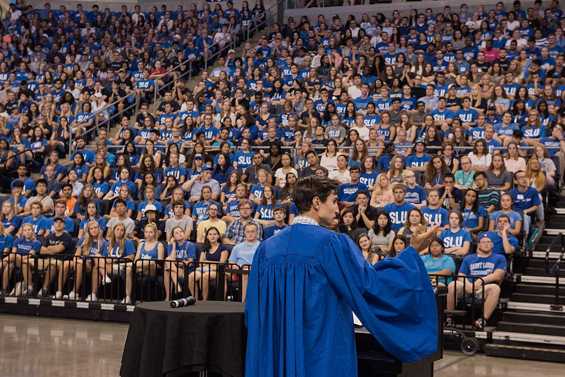 Student speaker Corey James, senior in the College of Arts and Sciences, encourages his fellow students to explore St. Louis, the University and themselves.