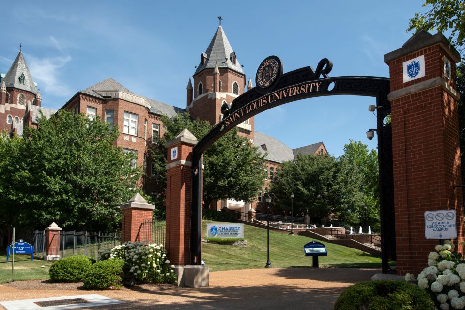 Saint Louis University entrance in front of Cook Hall. 