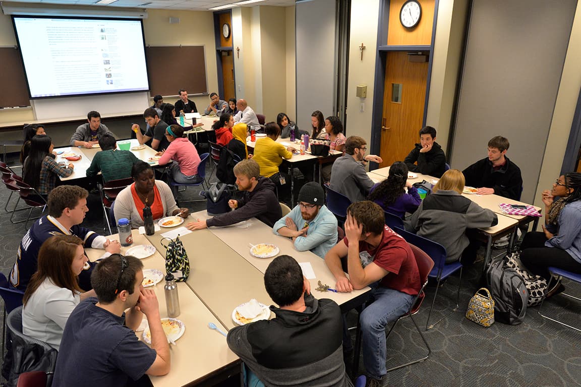 First- and second-year medical students meet over lunch to discuss race, bias and socioeconomic disparities. 