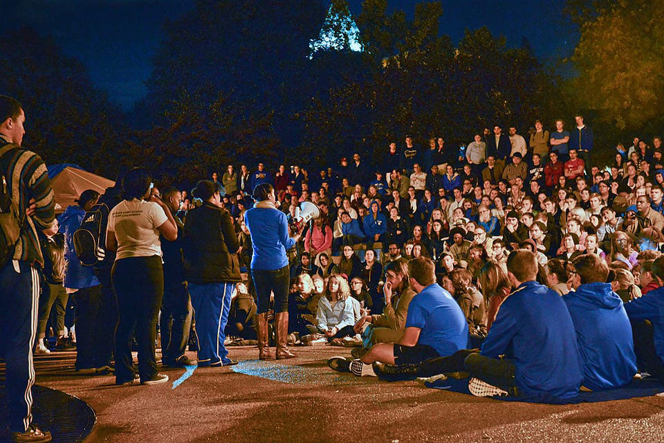 A photo of a teach-in at the Clock Tower Amphitheater  during Occupy SLU in 2014.