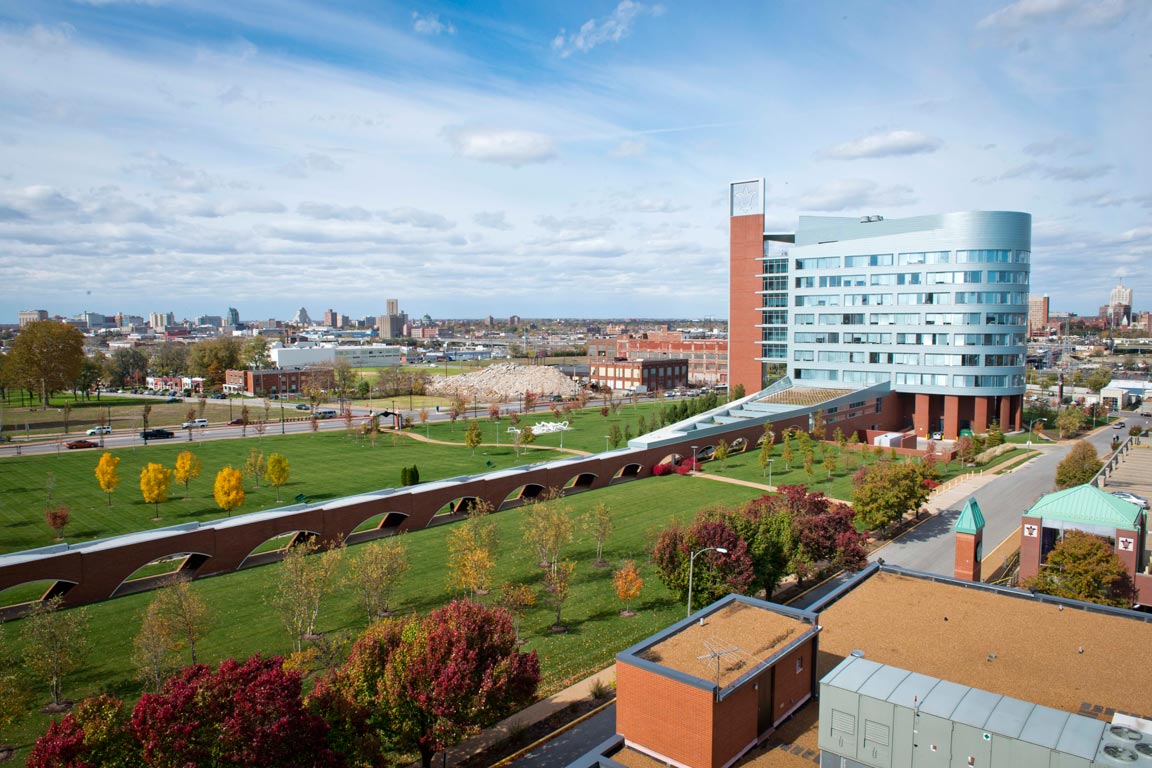 A view of the Doisy Research Center and SLU south campus looking west.