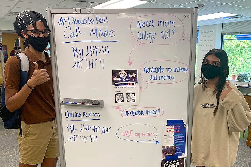SLU students Antron Reid and Anushah Sajwani pose for a photo during a recent advocacy day when students volunteered to call and send messages to their elected members of Congress urging them to double funding for the Pell Grant program. Submitted photo.