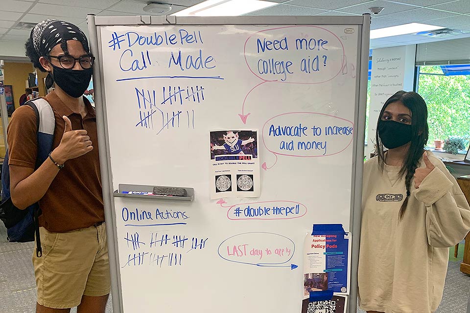 SLU students Antron Reid and Anushah Sajwani pose for a photo during a recent advocacy day when students volunteered to call and send messages to their elected members of Congress urging them to double funding for the Pell Grant program. Submitted photo