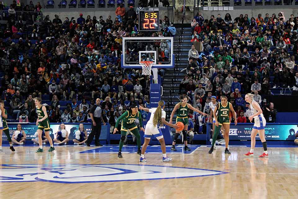 A large crowd cheered on the SLU women's basketball team in its Wednesday, Feb. 2, game against George Mason. Photo by Joe Barker. 
