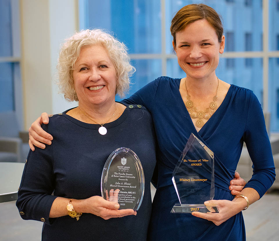 Kathleen (Kathy) Kienstra, left, associate professor, Clinical Health Sciences was selected as the John A. Slosar Shared Governance Award recipient. Whitney Linsenmeyer, Ph.D., assistant professor of Nutrition and Dietetics, was named this year's Norman White winner. Photo submitted.