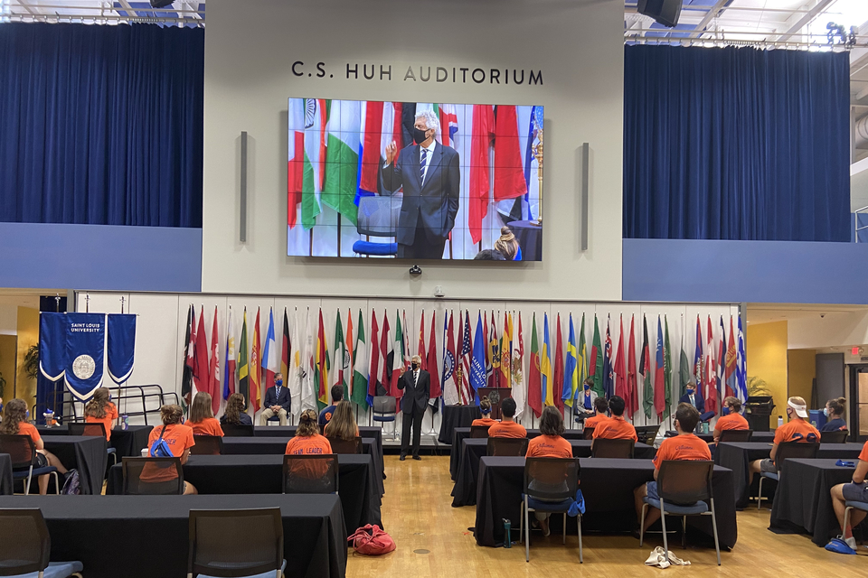 University President Fred P. Pestello, Ph.D., speaks at SLU's first virtual Fall Convocation on Friday, Aug. 14.