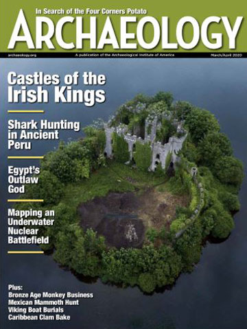 The February 2020 cover of Archaeology Magazine featuring an aerial view of Lough Key, a medieval Gaelic site beind excavated by SLU archaeologist Thomas Finan, Ph.D. The shot shows a ruined castle on an island surrouned by a lake.
