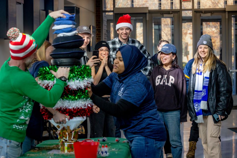 Teams of students, faculty and staff in Saint Louis University’s School of Science and Engineering put their engineering skills to work for a December Innovation Challenge, building gingerbread houses designed to stand up during a weight-loading competition.
