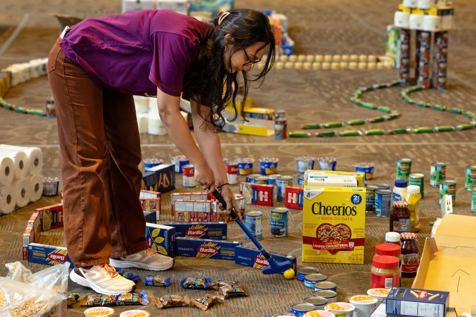 The Saint Louis University community stocked Billiken Bounty's shelves this week by playing through a mini golf course built out of shelf-stable food items. The event provided nearly $2,200 in food and pantry items for the food pantry.