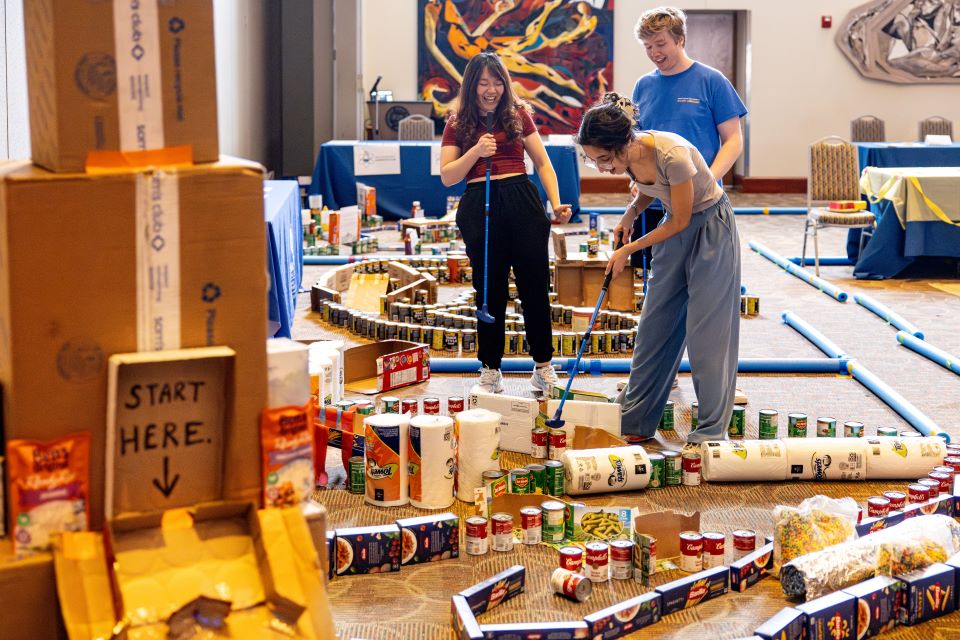 The Saint Louis University community stocked Billiken Bounty's shelves this week by playing through a mini golf course built out of shelf-stable food items. The event provided more than $2,600 in food and pantry items for the food pantry. 