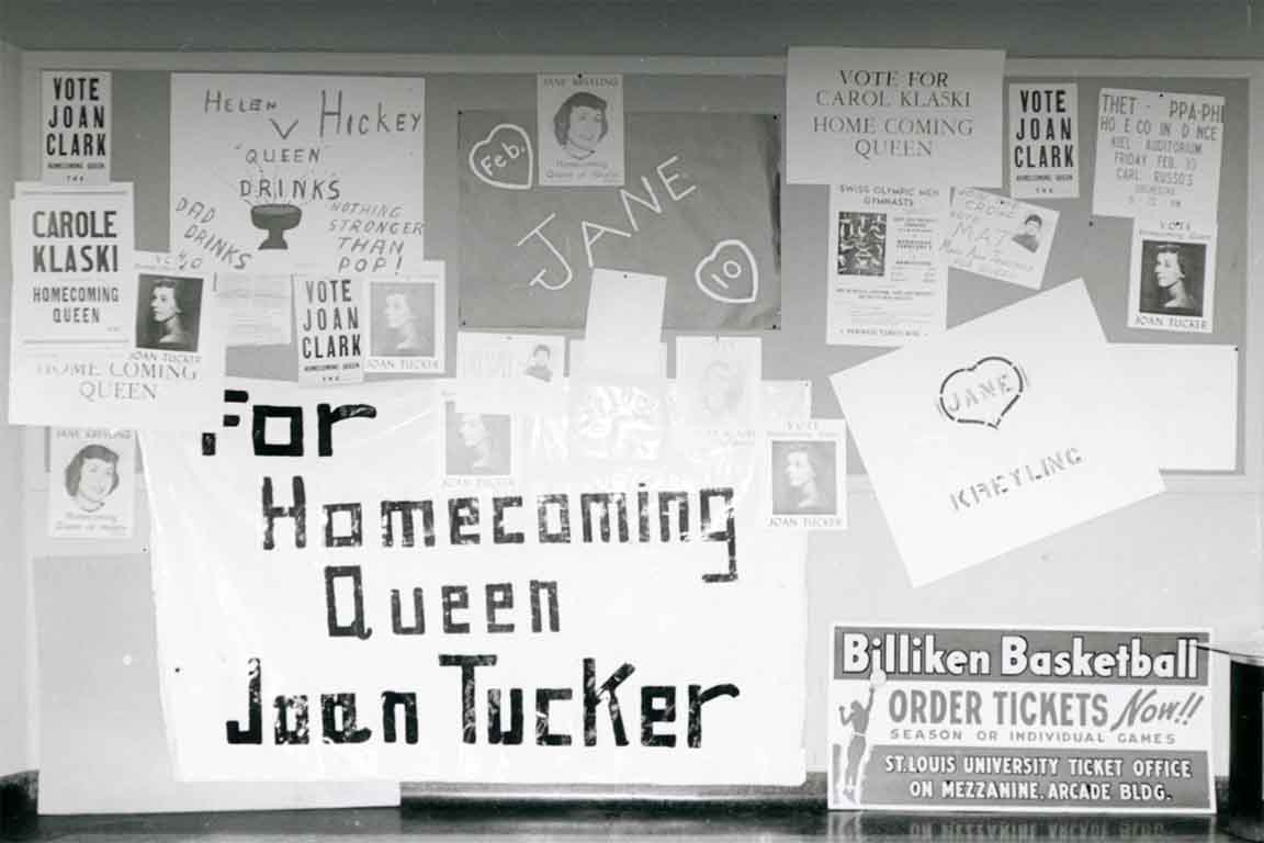 Posters advertising basketball tickets and the homecoming court race 