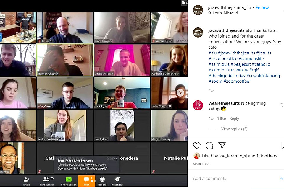 Billikens gather via Zoom and Instagram during the first online "Java with the Jesuits"