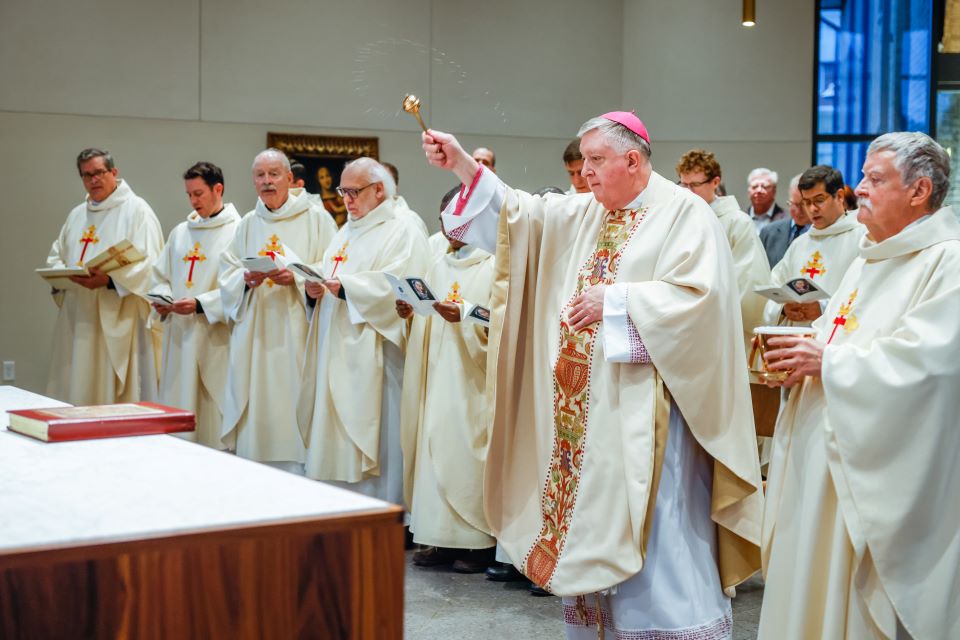 The Most Reverend Mitchell T. Rozanski, Archbishop of St. Louis, dedicated the altar in The Chapel of Our Lady, Seat of Wisdom, located in the Jesuit Center of Saint Louis University, during a Mass Tuesday. The Mass was co-celebrated by Rev. Thomas Greene, S.J., provincial superior of the Jesuits USA Central and Southern Province, and Timothy McMahon, S.J., rector of the Jesuit community of Saint Louis University. 