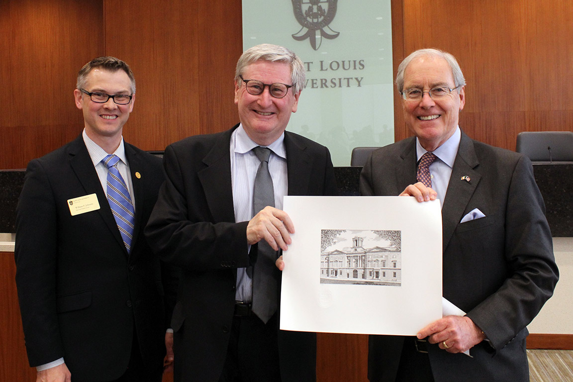 Justice John MacMenamin poses with Dean William Johnson and Ambassador Kevin F. O'Malley