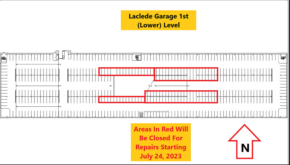 The Lower level of Laclede Garage showing sections that will be closed.